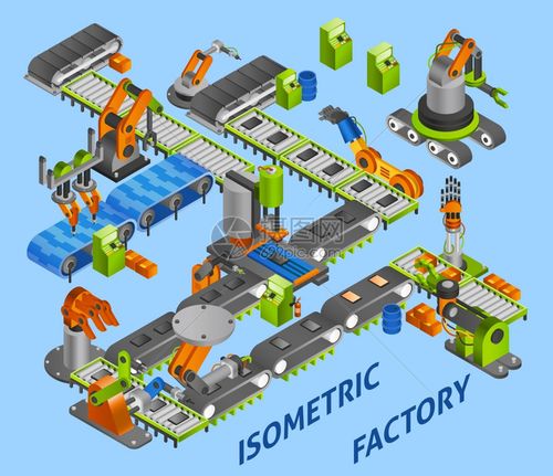 工业机器人的工业工厂与等距机器人机械矢量插图